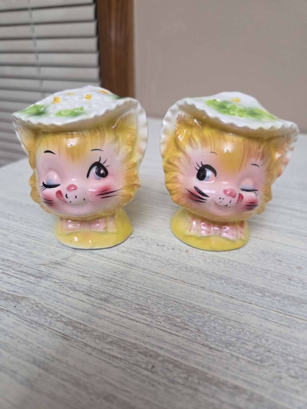 Enesco Yellow and Pink Winking Kitty Salt & Pepper Shakers